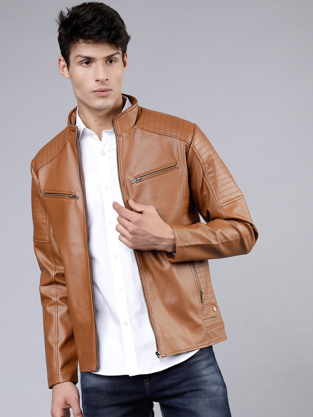 

HIGHLANDER Men Tan Brown Solid Biker Jacket
