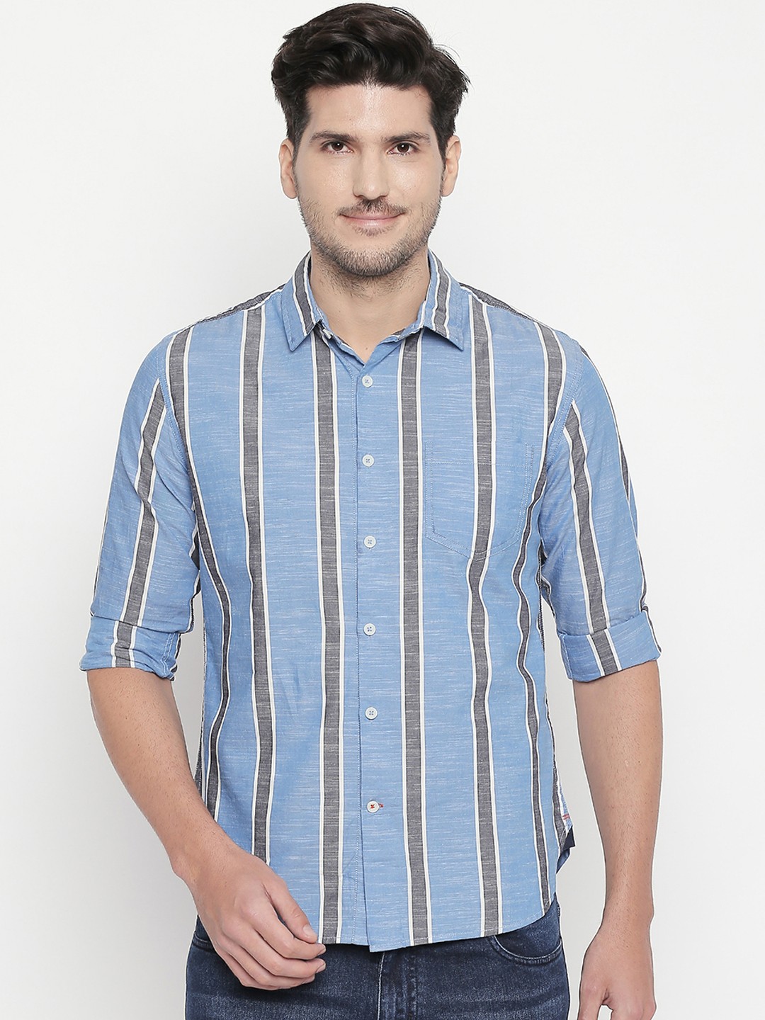 

Urban Ranger by pantaloons Men Blue & Grey Slim Fit Striped Casual Shirt