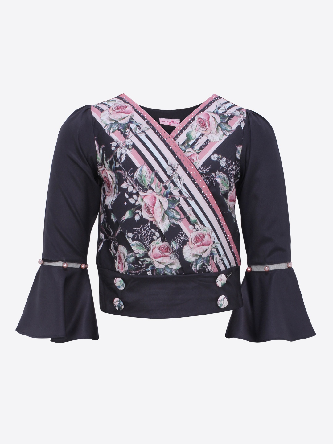 

CUTECUMBER Girls Navy Blue & Pink Printed Wrap Top