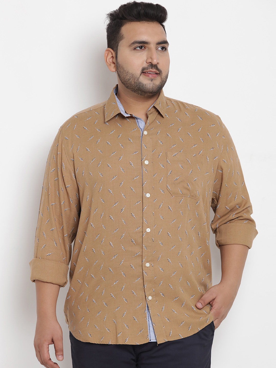 

John Pride Plus Size Men Brown White Comfort Regular Fit Printed Casual Shirt