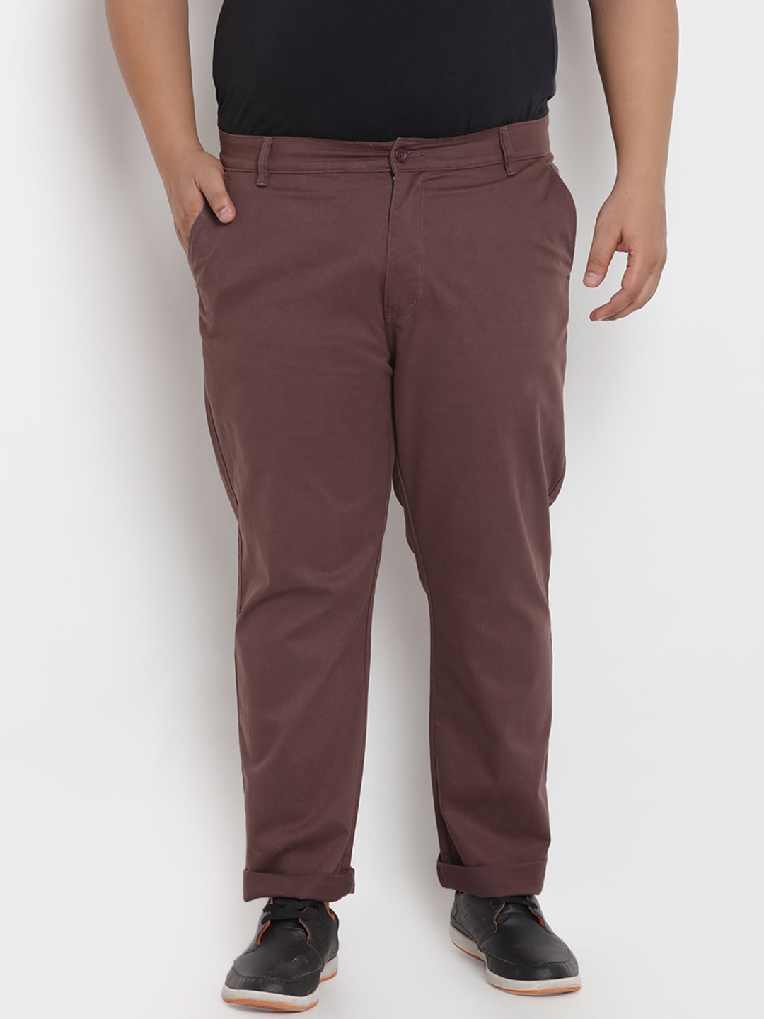 

John Pride Plus Size Men Brown Relaxed Regular Fit Solid Regular Trousers