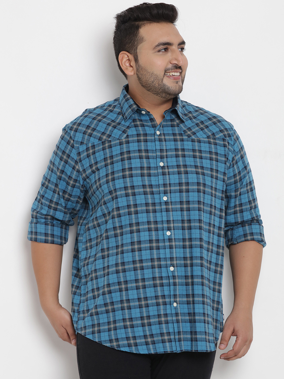 

John Pride Plus Size Men Blue Comfort Regular Fit Checked Casual Shirt