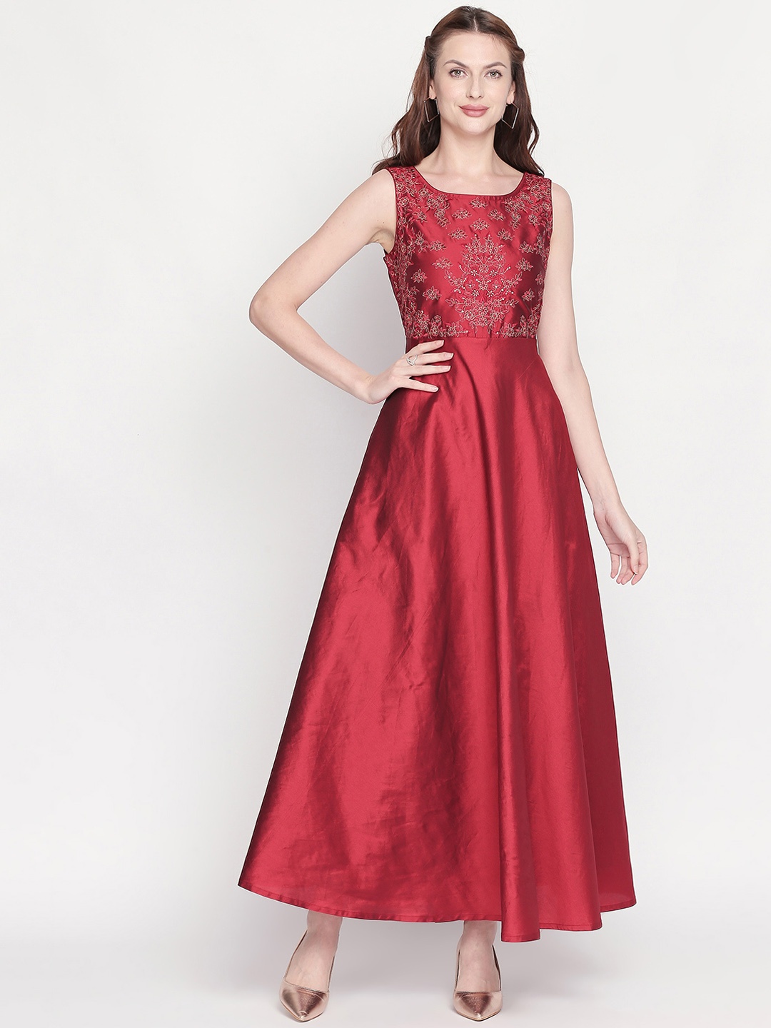 

AKKRITI BY PANTALOONS Women Red Embroidered Maxi Dress