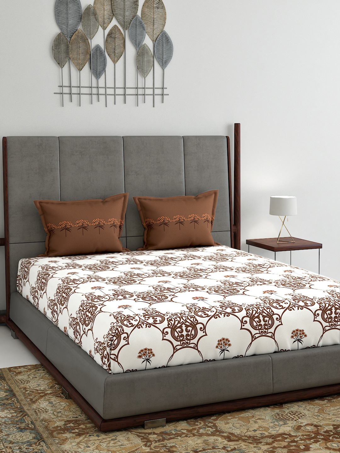 MYTRIDENT White Brown Abstract 120 TC Cotton 1 Queen Bedsheet with 2 Pillow Covers