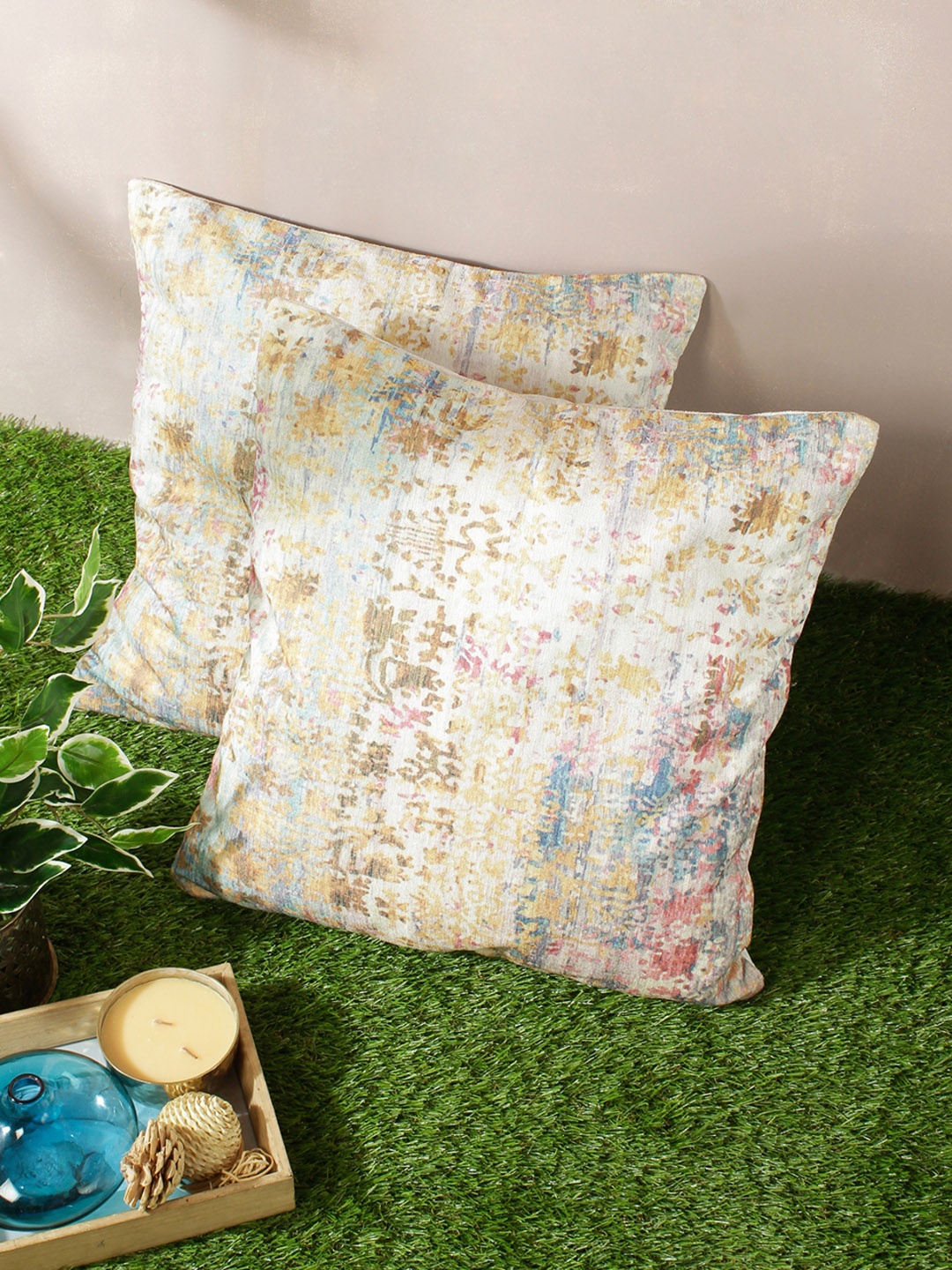 

ROMEE Multicoloured Set of 2 Ethnic Motifs Square Cushion Covers, Multi