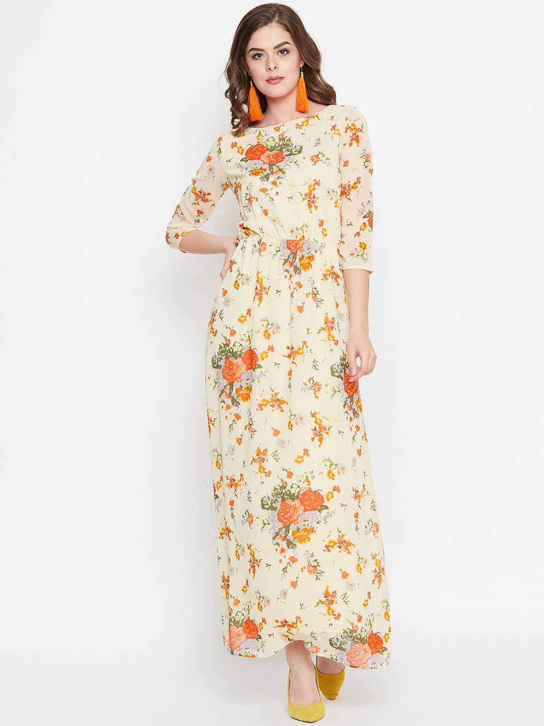 

PURYS Women Yellow Floral Printed Maxi Dress