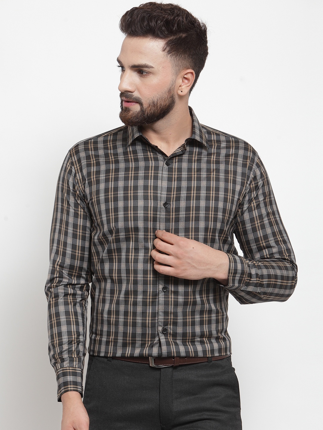 

JAINISH Men Black & Beige Classic Slim Fit Checked Formal Shirt