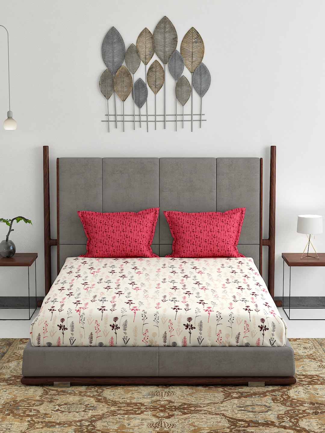 

MYTRIDENT Beige Floral TC Cotton 1 Bedsheet with 2 Pillow Covers