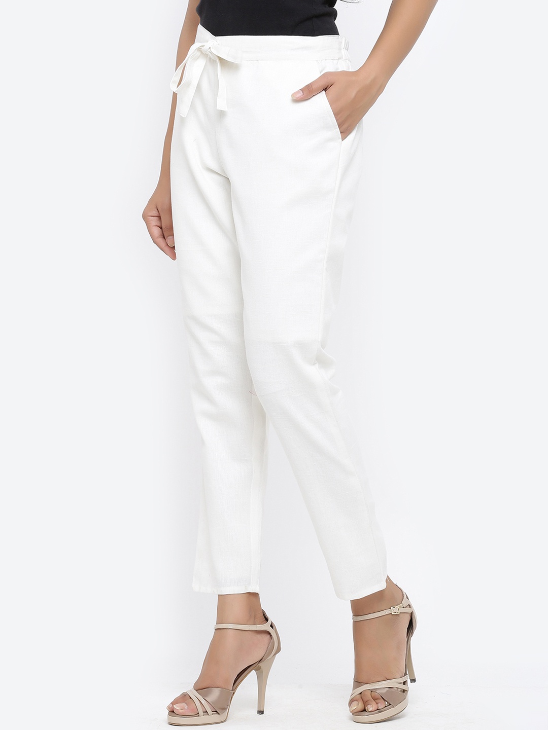 

YASH GALLERY Women White Straight Fit Solid Peg Trousers