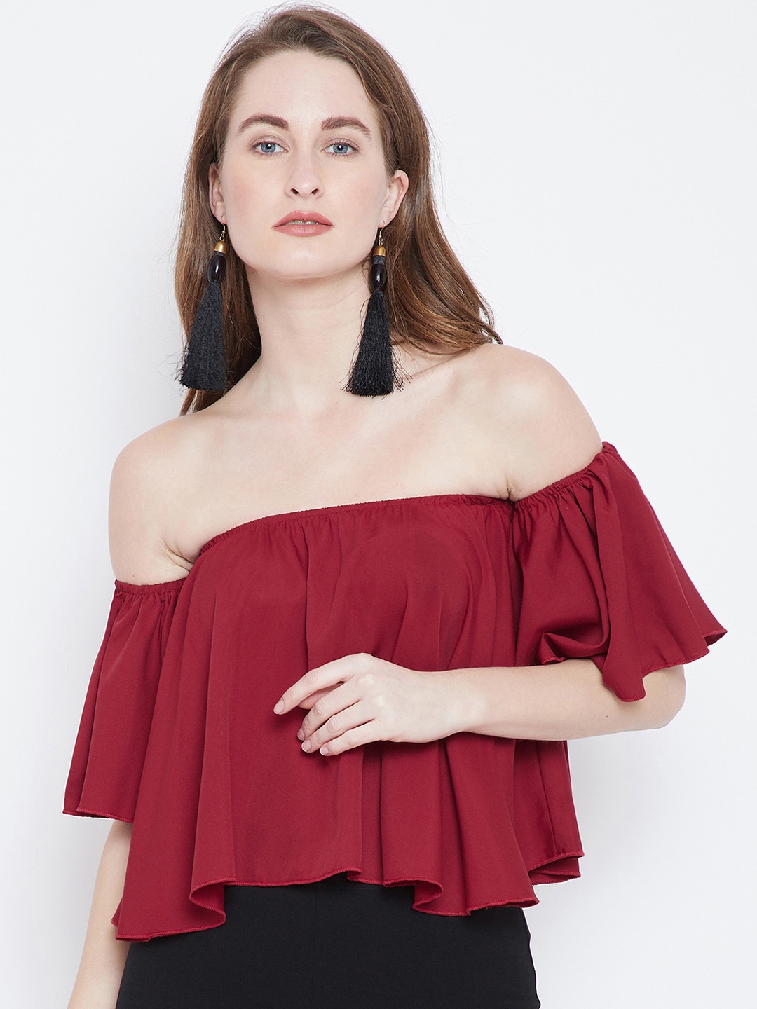 

Berrylush Women Red Solid Bardot Top