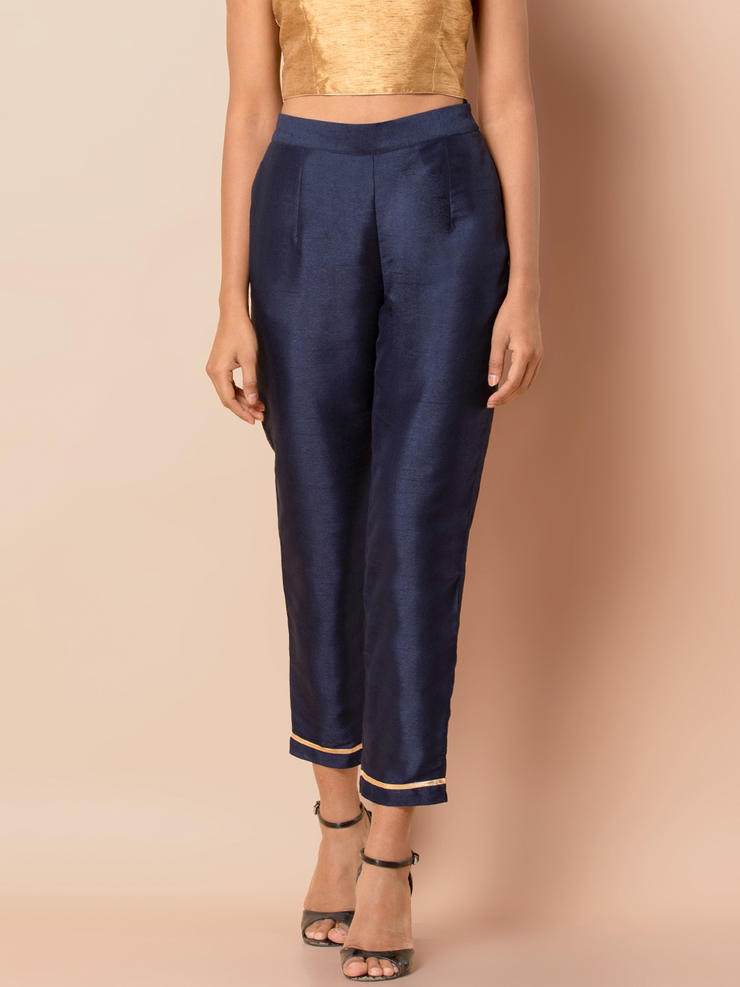 

INDYA Women Blue Tapered Fit Solid Cigarette Trousers