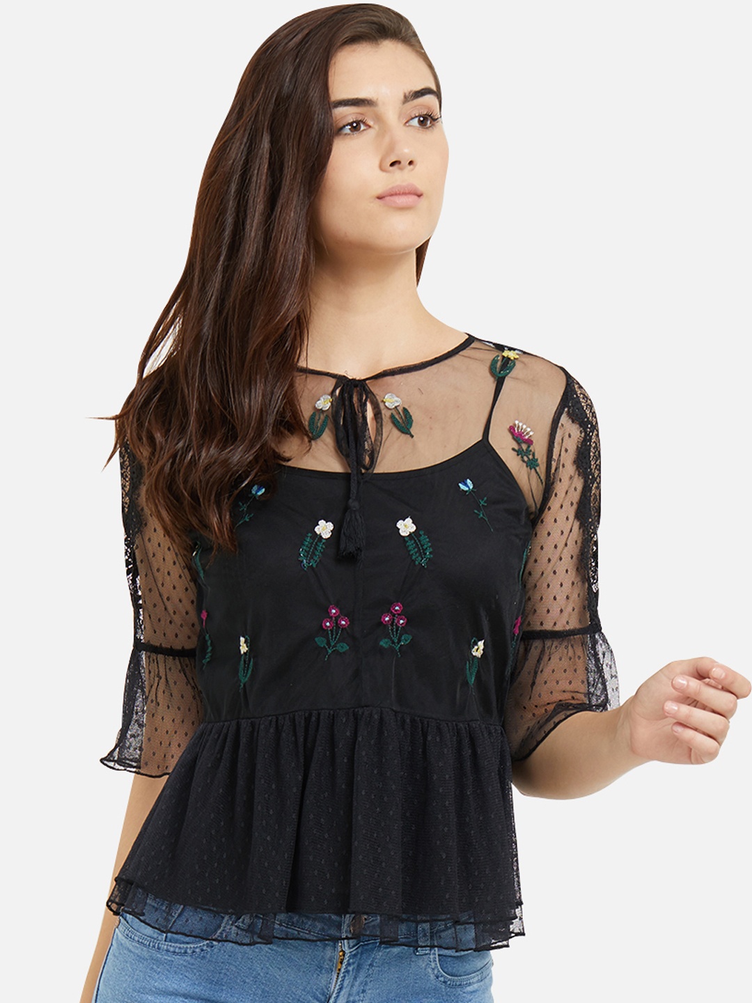 

109F Women Black Floral Design Peplum Top