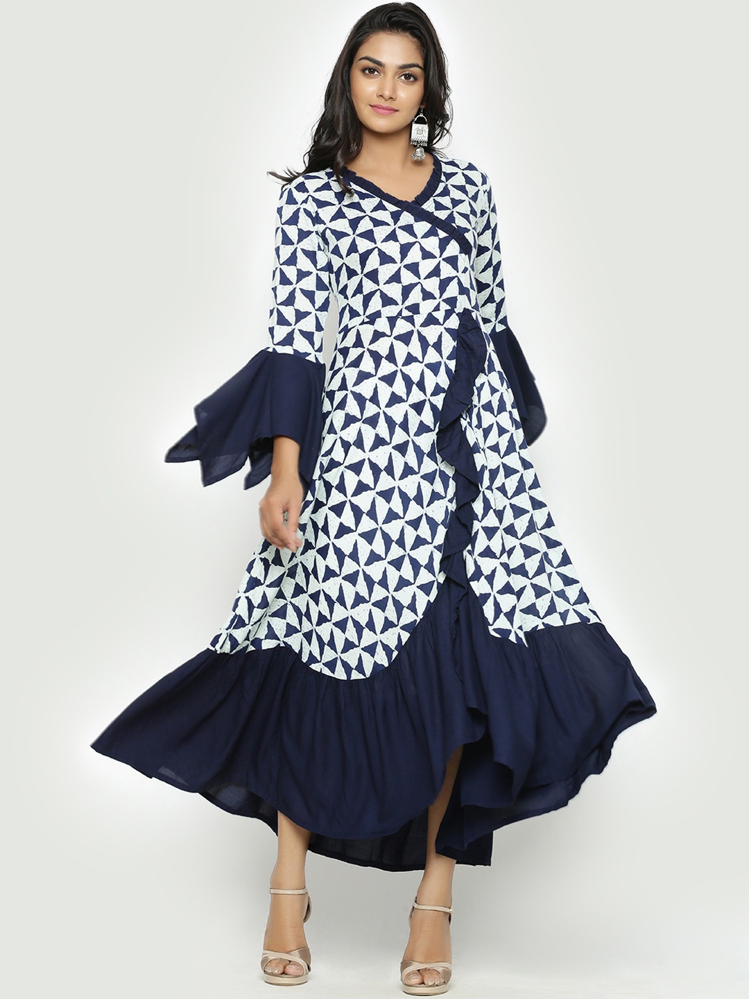 YASH GALLERY Women Navy Blue & White Printed A-Line Kurta