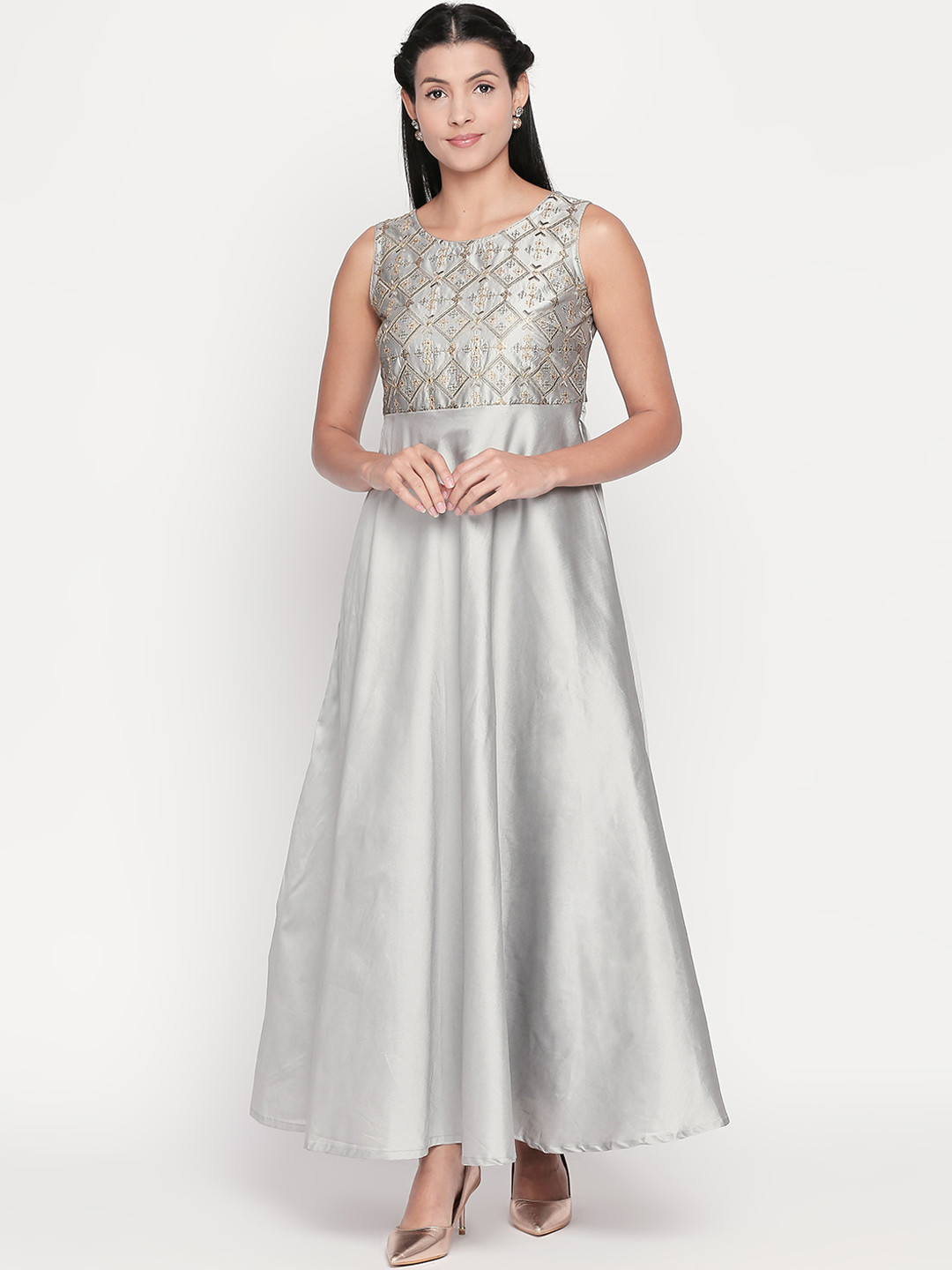 

AKKRITI BY PANTALOONS Women Charcoal Grey Embroidered Fit & Flare Dress