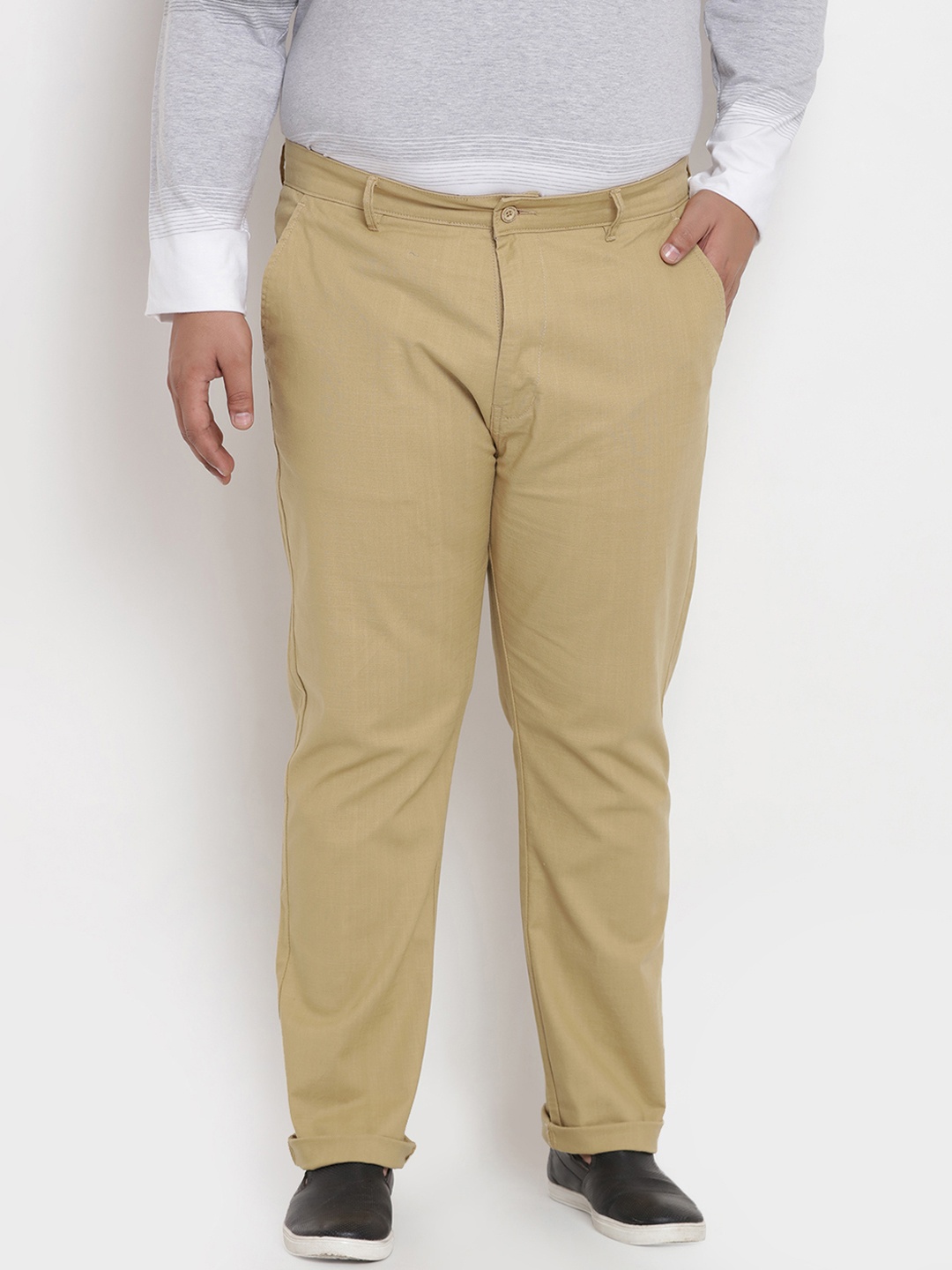 

John Pride Plus Size Men Beige Relaxed Regular Fit Solid Regular Trousers