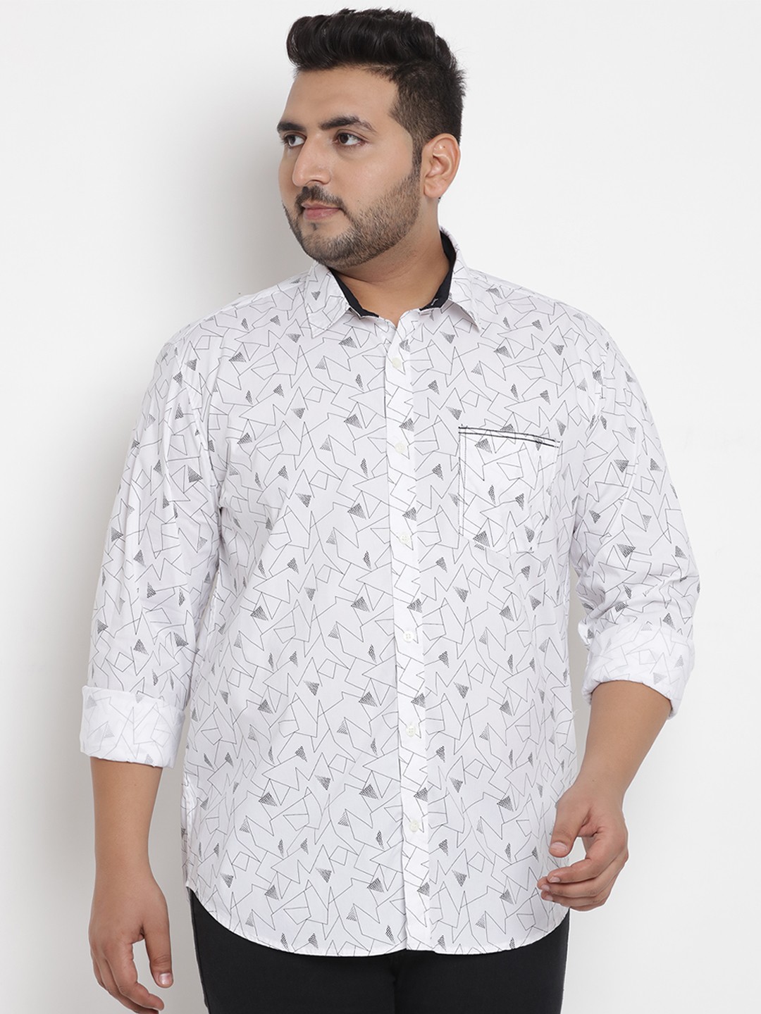

John Pride Plus Size Men White Grey Comfort Regular Fit Printed Casual Shirt