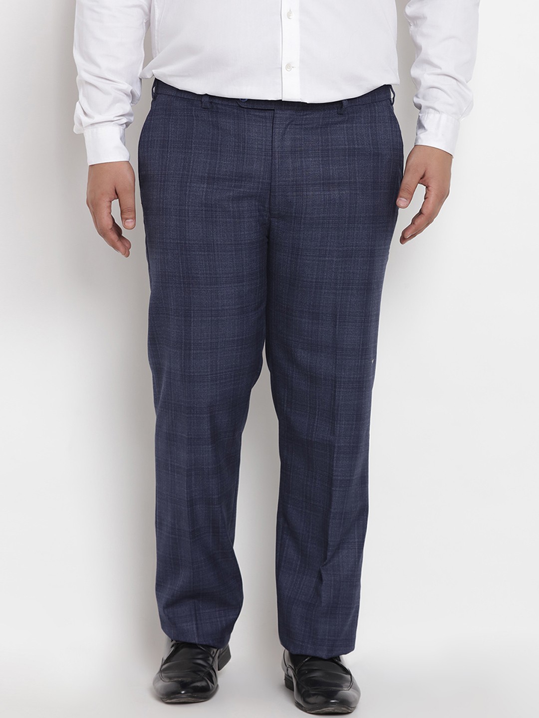 

John Pride Plus Size Men Navy Blue Relaxed Regular Fit Checked Formal Trousers