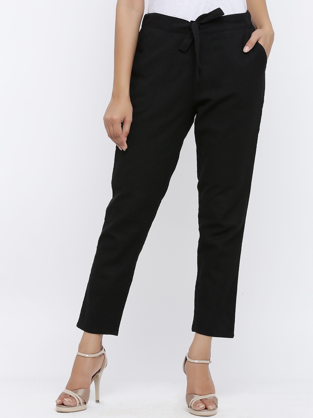 

YASH GALLERY Women Black Straight Fit Solid Peg Trousers