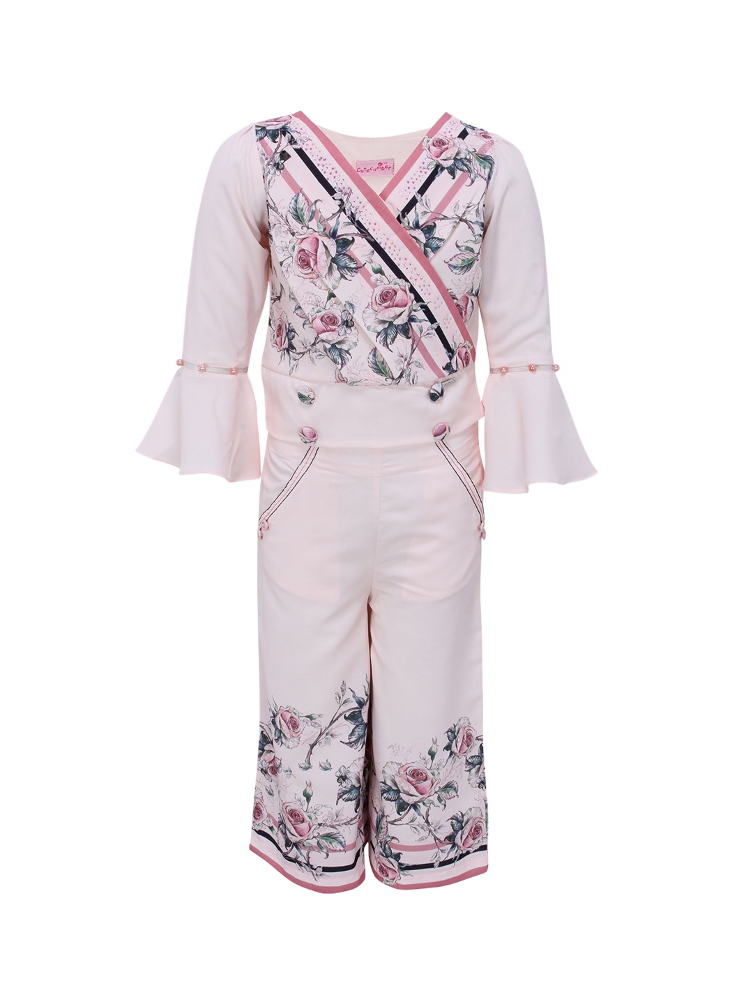 

CUTECUMBER Girls Peach-Coloured & Multicoloured Printed Top with Trousers