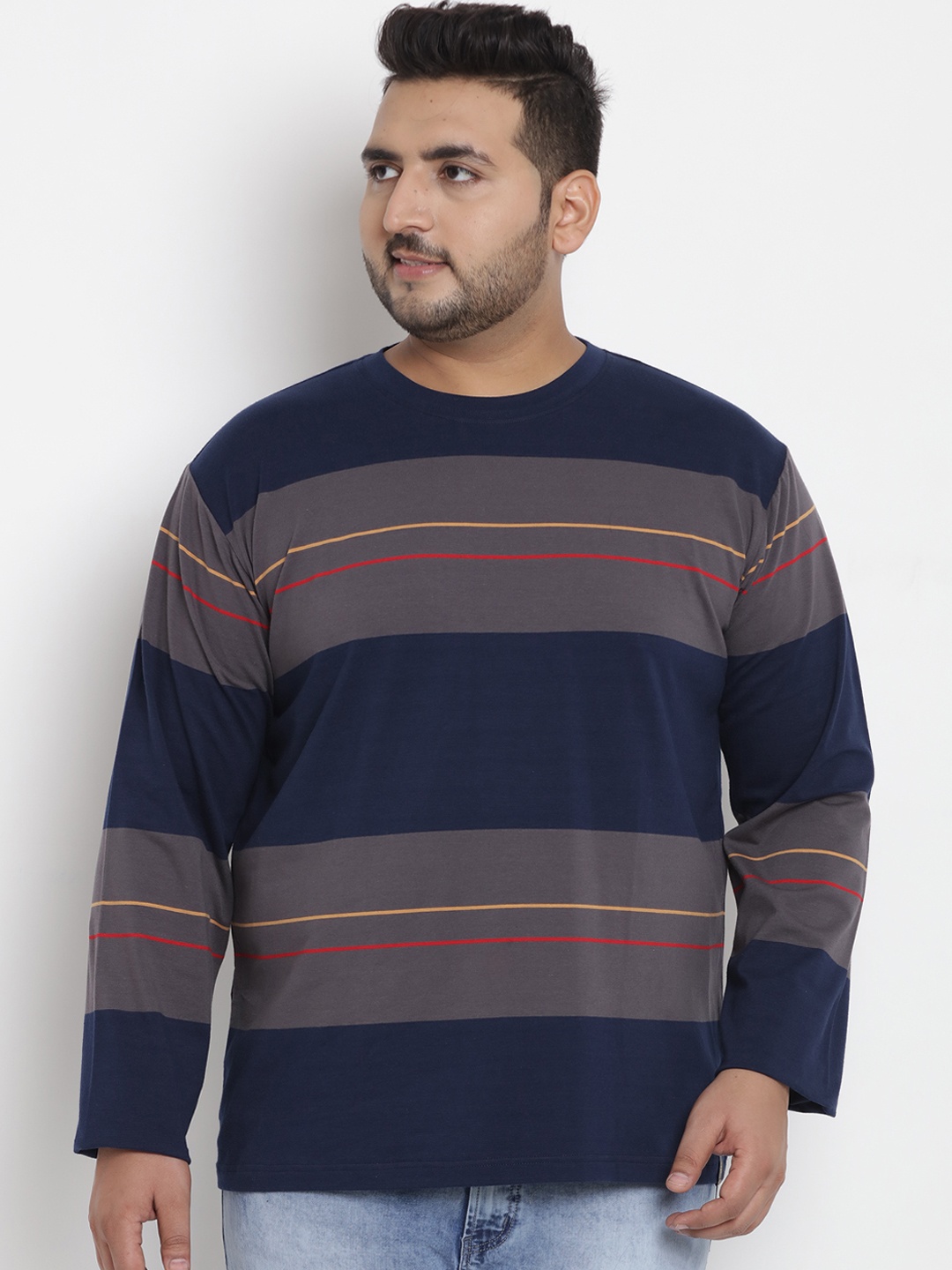 

John Pride Plus Size Men Navy Blue Grey Striped Stretchable Round Neck T-shirt