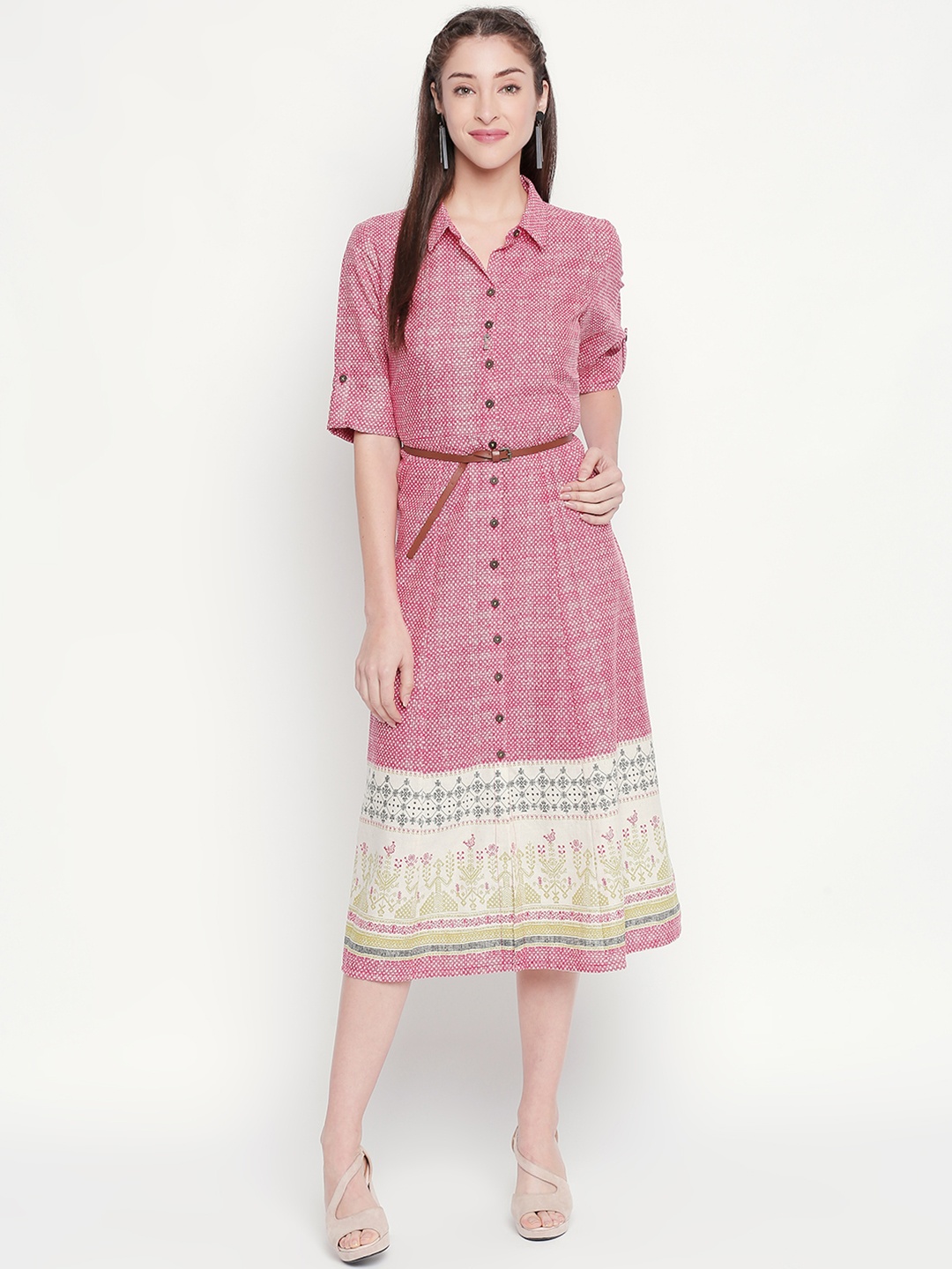 

AKKRITI BY PANTALOONS Fuchsia & White Shirt Midi Dress