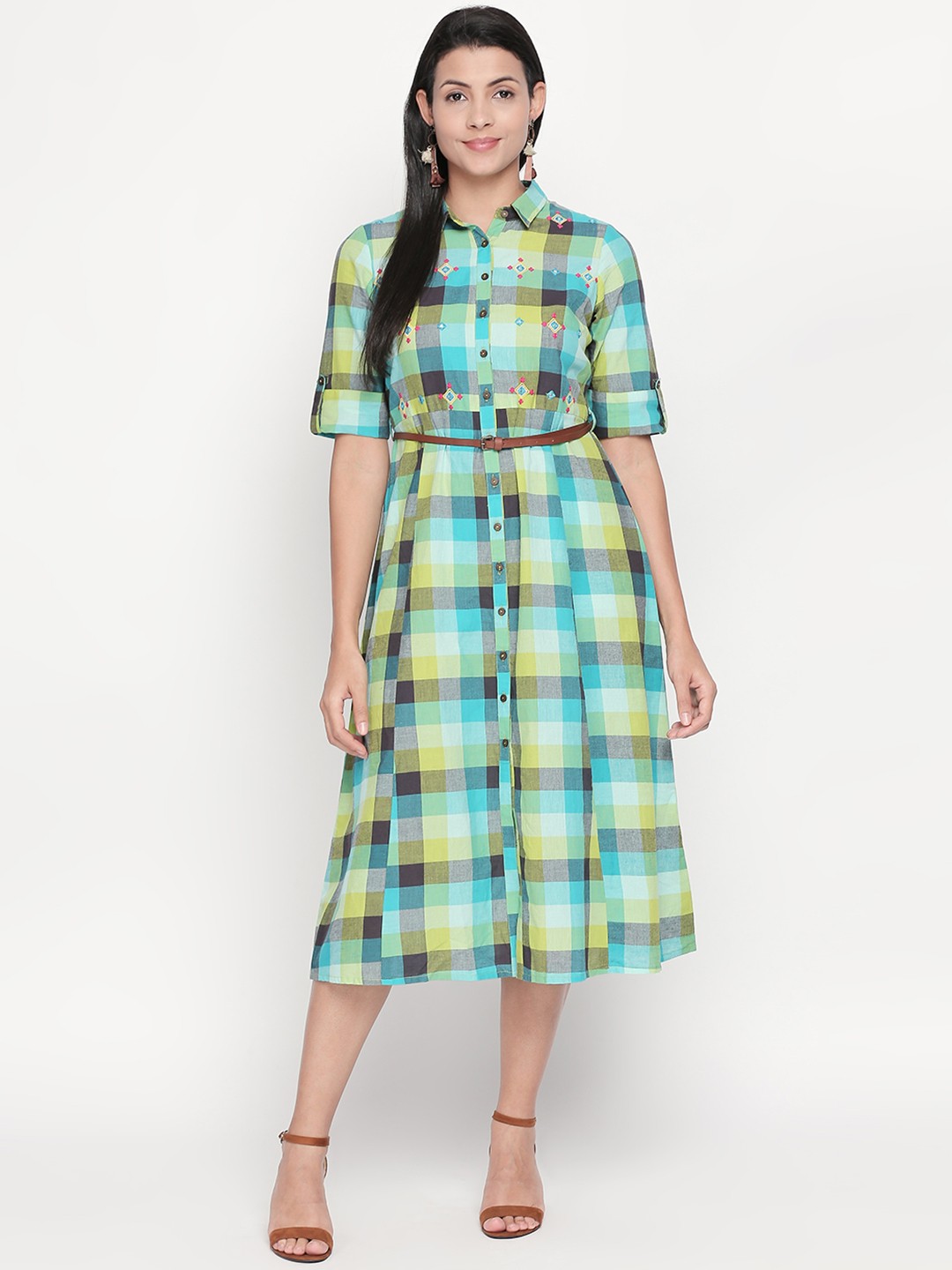 

AKKRITI BY PANTALOONS Women Teal Blue & Yellow Checked Shirt Dress