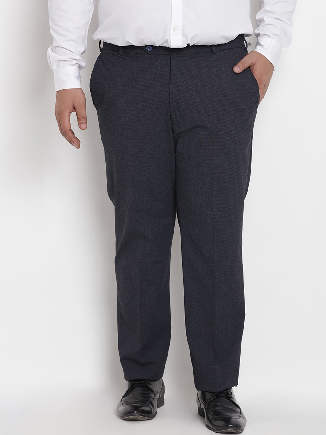 

John Pride Plus Size Men Navy Blue Relaxed Regular Fit Checked Formal Trousers