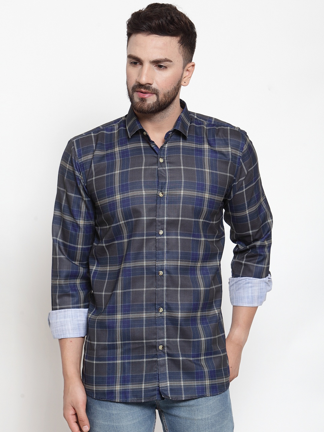 

JAINISH Men Navy Blue & Beige Slim Fit Checked Casual Shirt