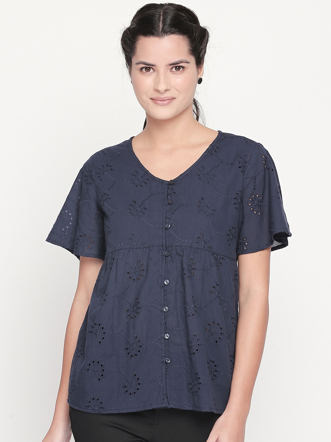 

Honey by Pantaloons Women Navy Blue Self Design Pure Cotton Shirt Style Pure Cotton Top