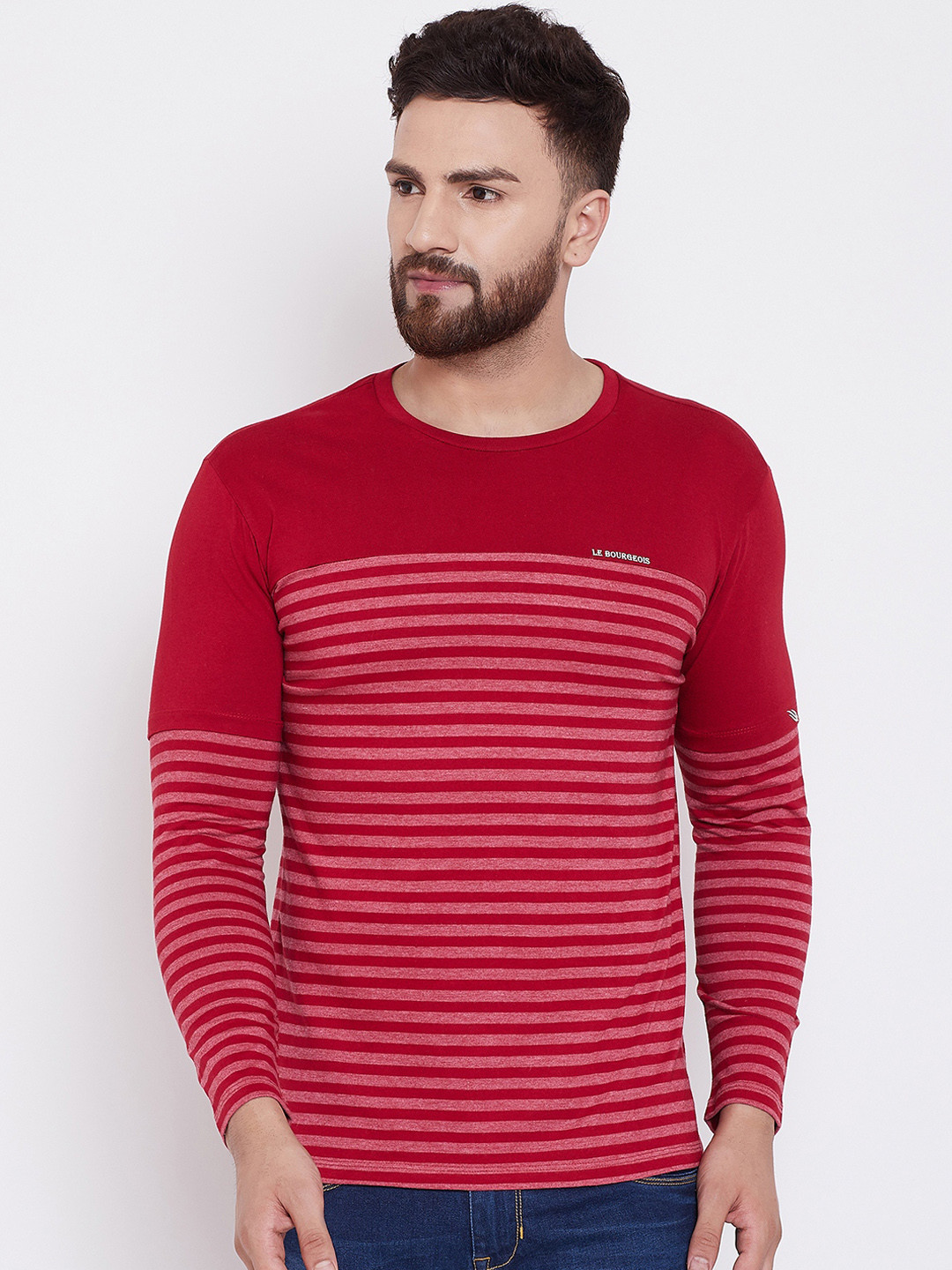 

LE BOURGEOIS Men Maroon Striped Round Neck T-shirt