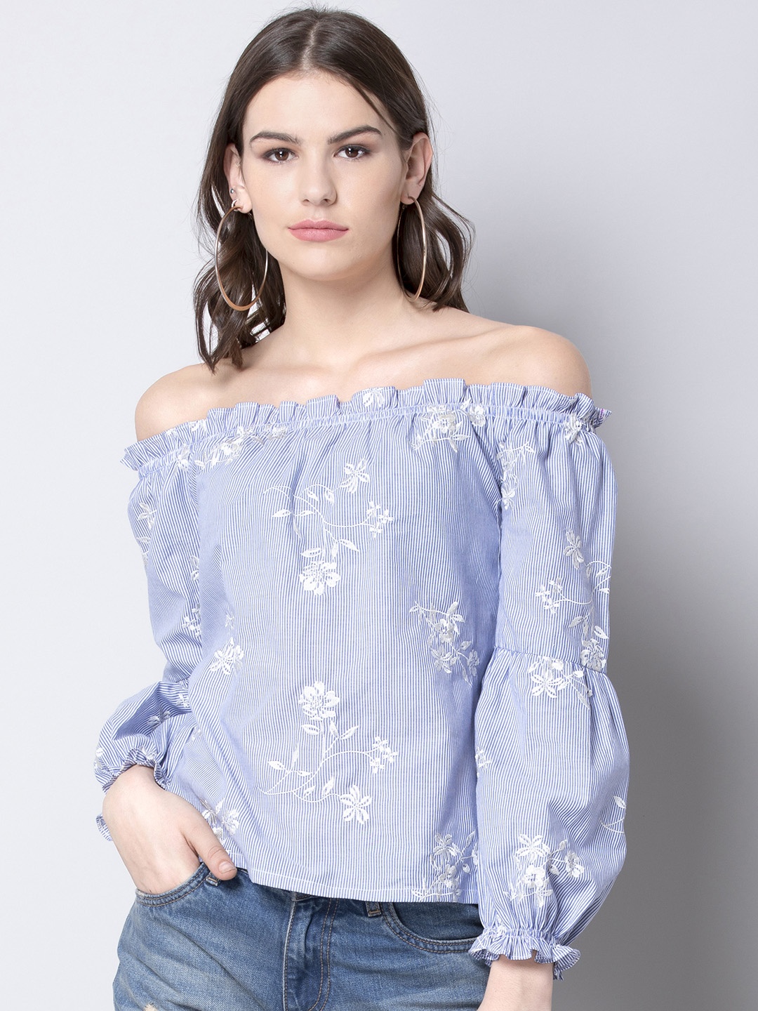 FabAlley Women Blue Floral Print Bardot Top