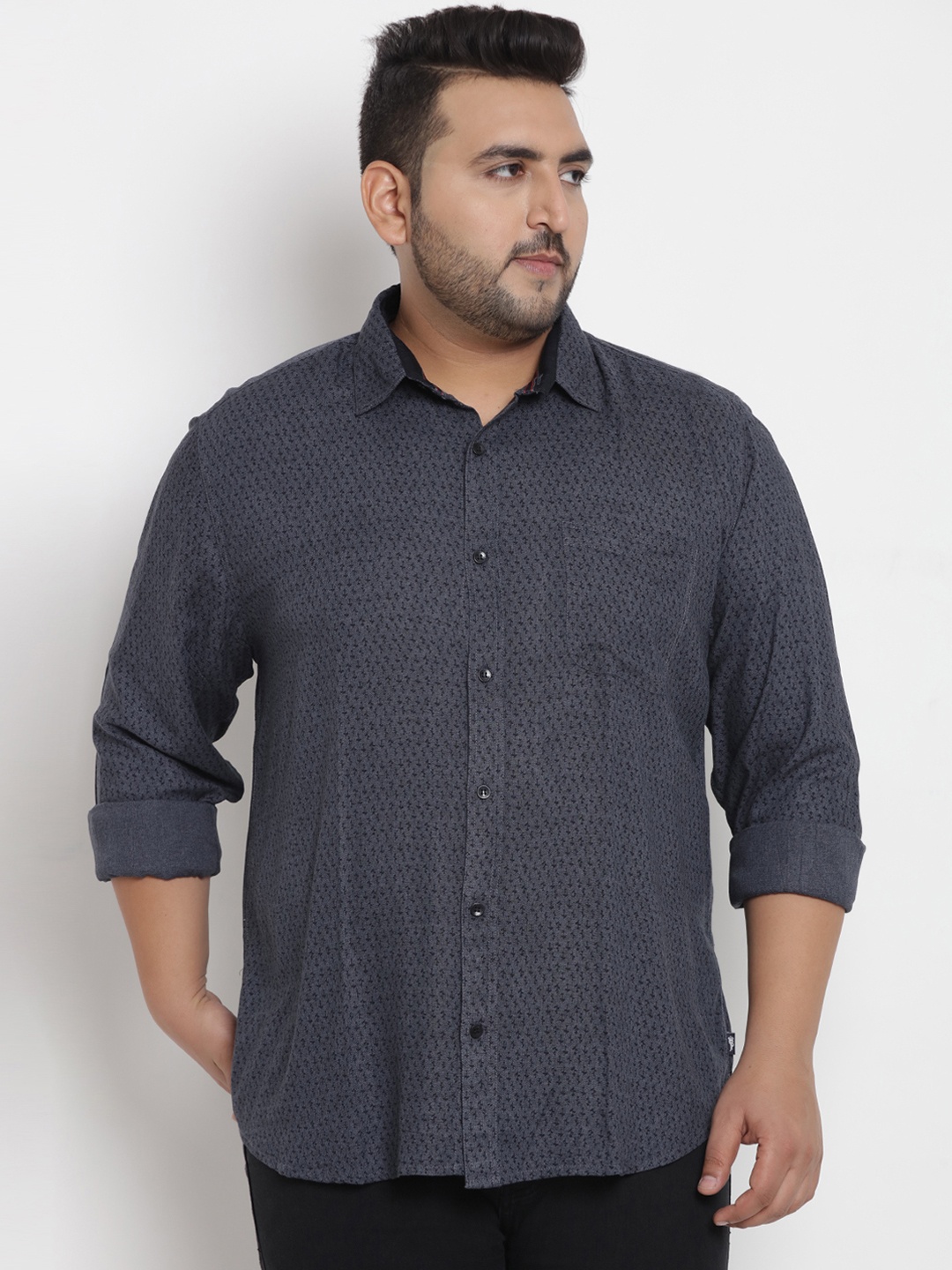 

John Pride Plus Size Men Grey Black Comfort Regular Fit Printed Casual Shirt