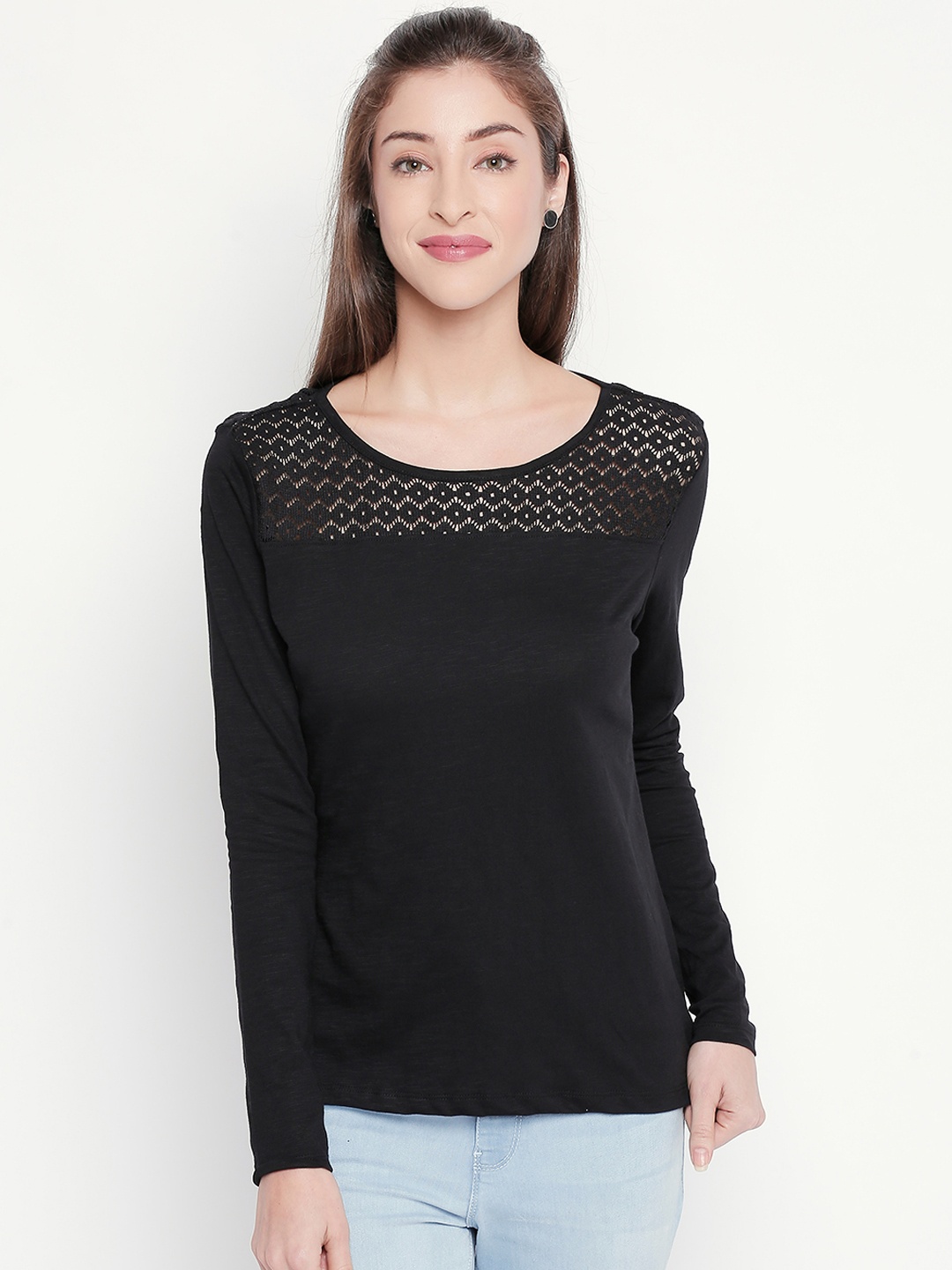 

Honey by Pantaloons Women Black Self Design Pure Cotton Top