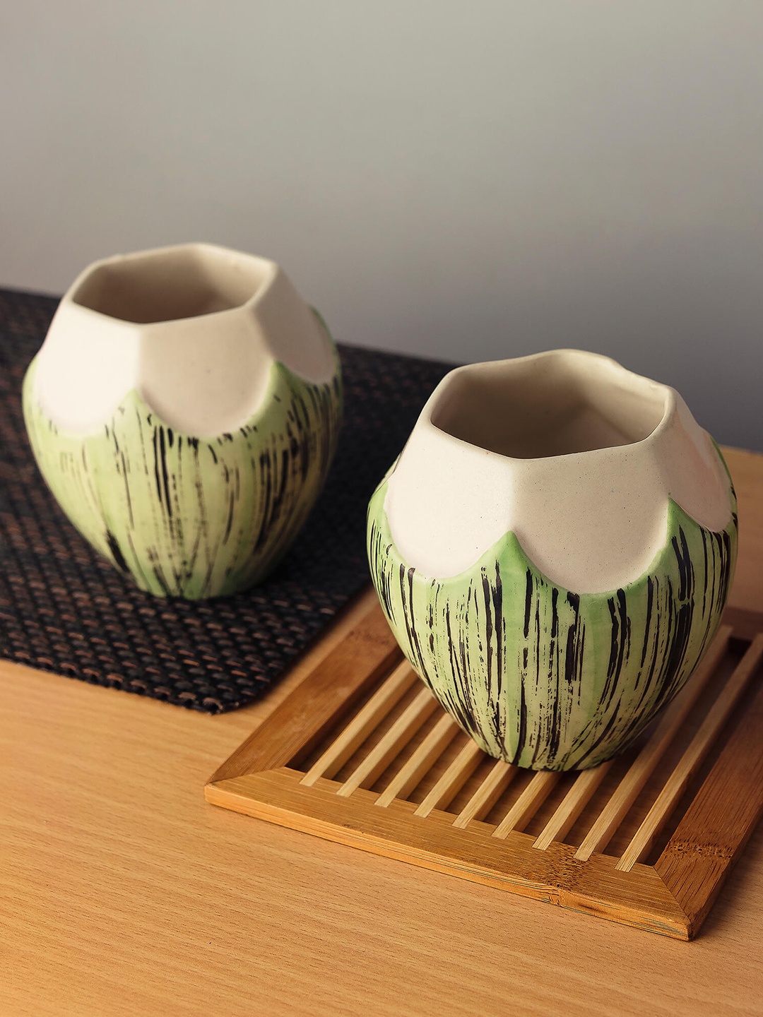 Homesake Set of 2 Green & Beige Ceramic Coconut Mugs