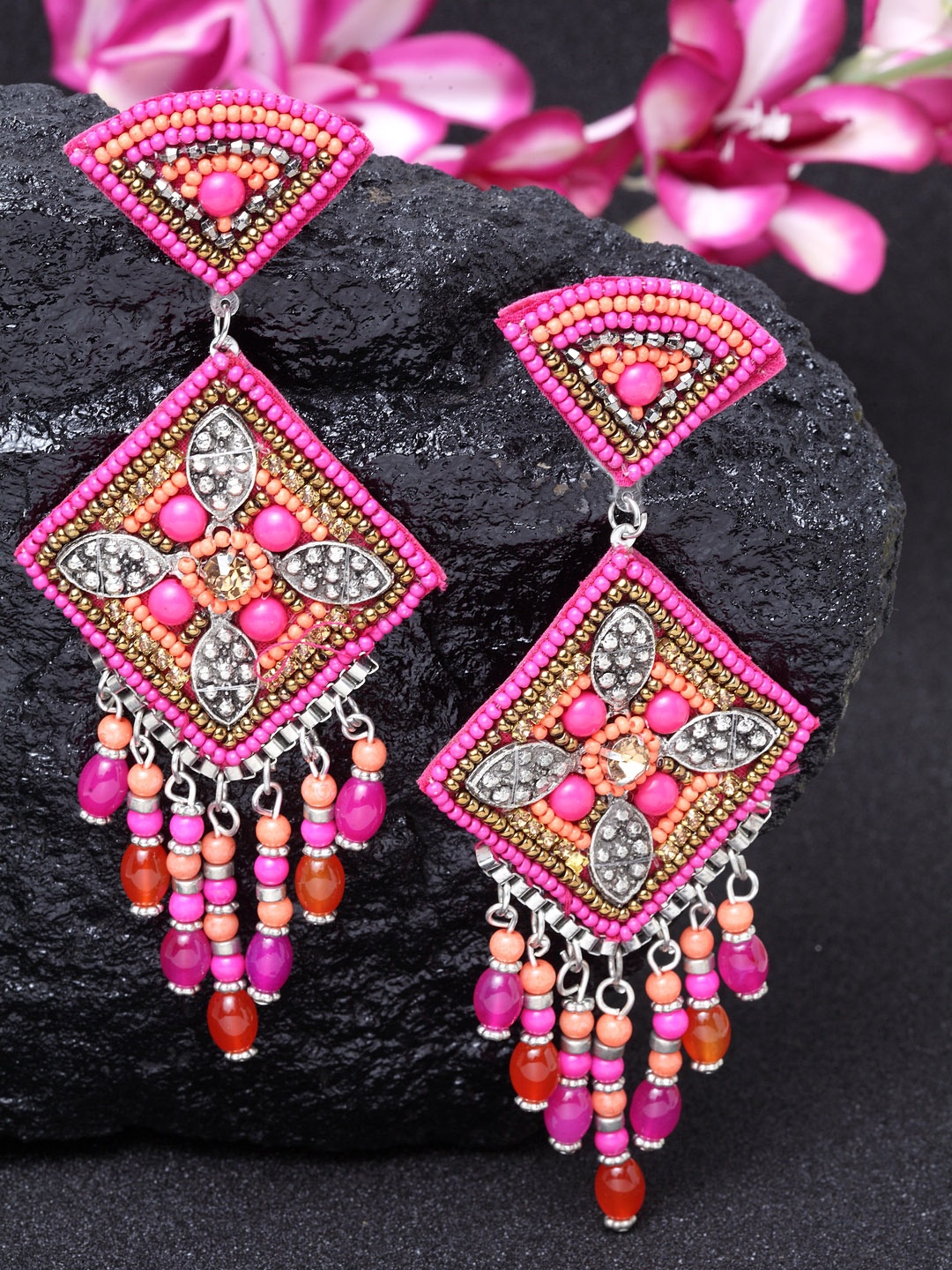 

Moedbuille Pink & Orange Geometric Handcrafted Afghan Drop Earrings