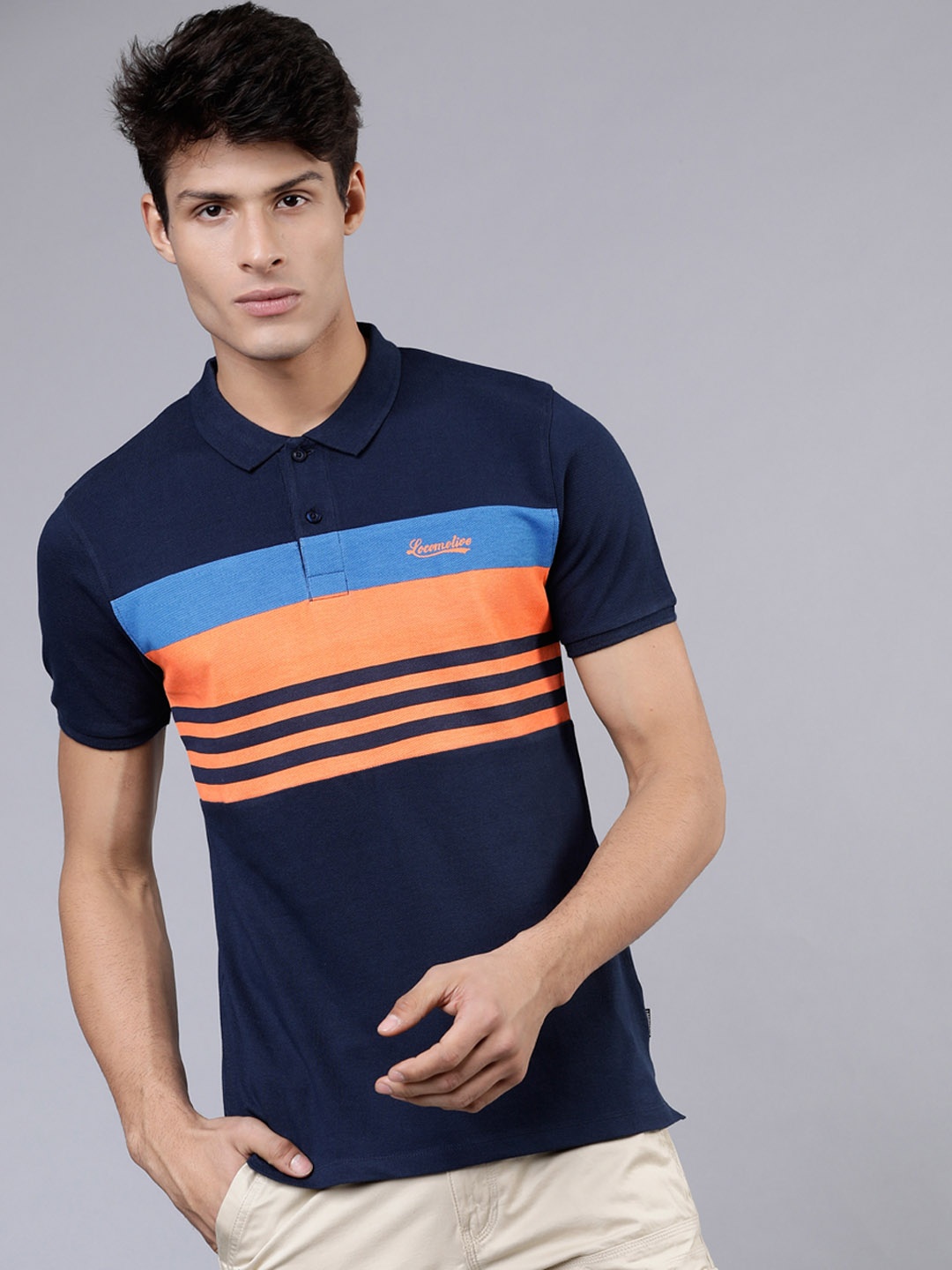 

LOCOMOTIVE Men Navy Blue & Orange Striped Round Neck T-shirt