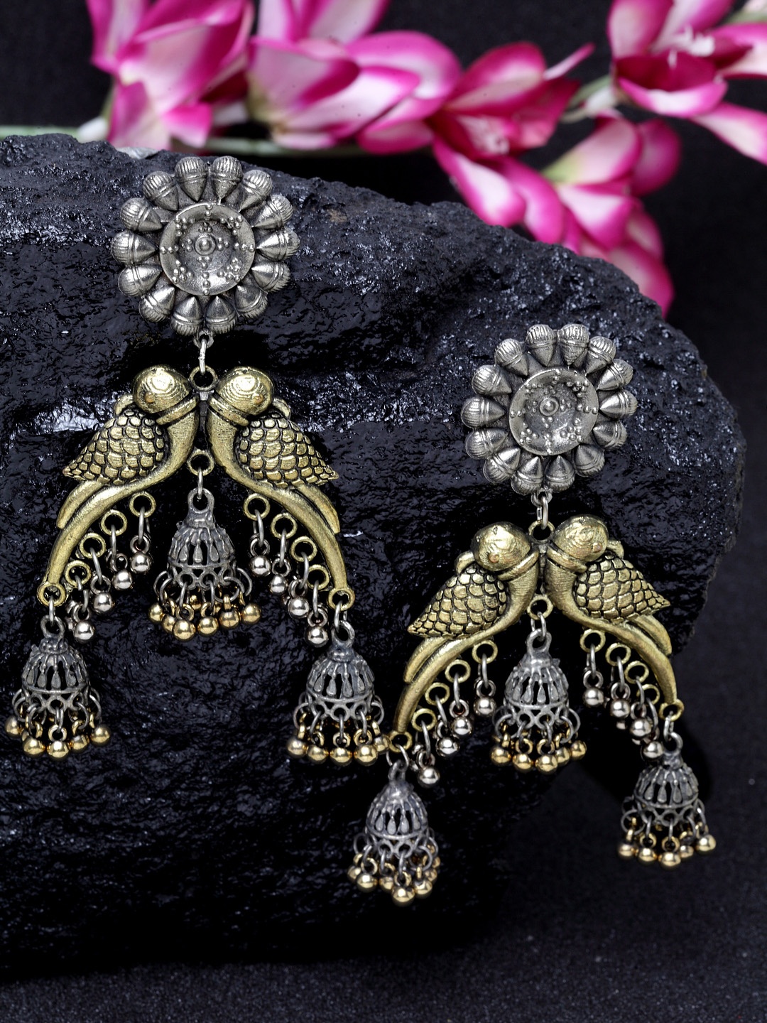 

Moedbuille Gold-Toned & Gunmetal-Toned Peacock Shaped Drop Earrings