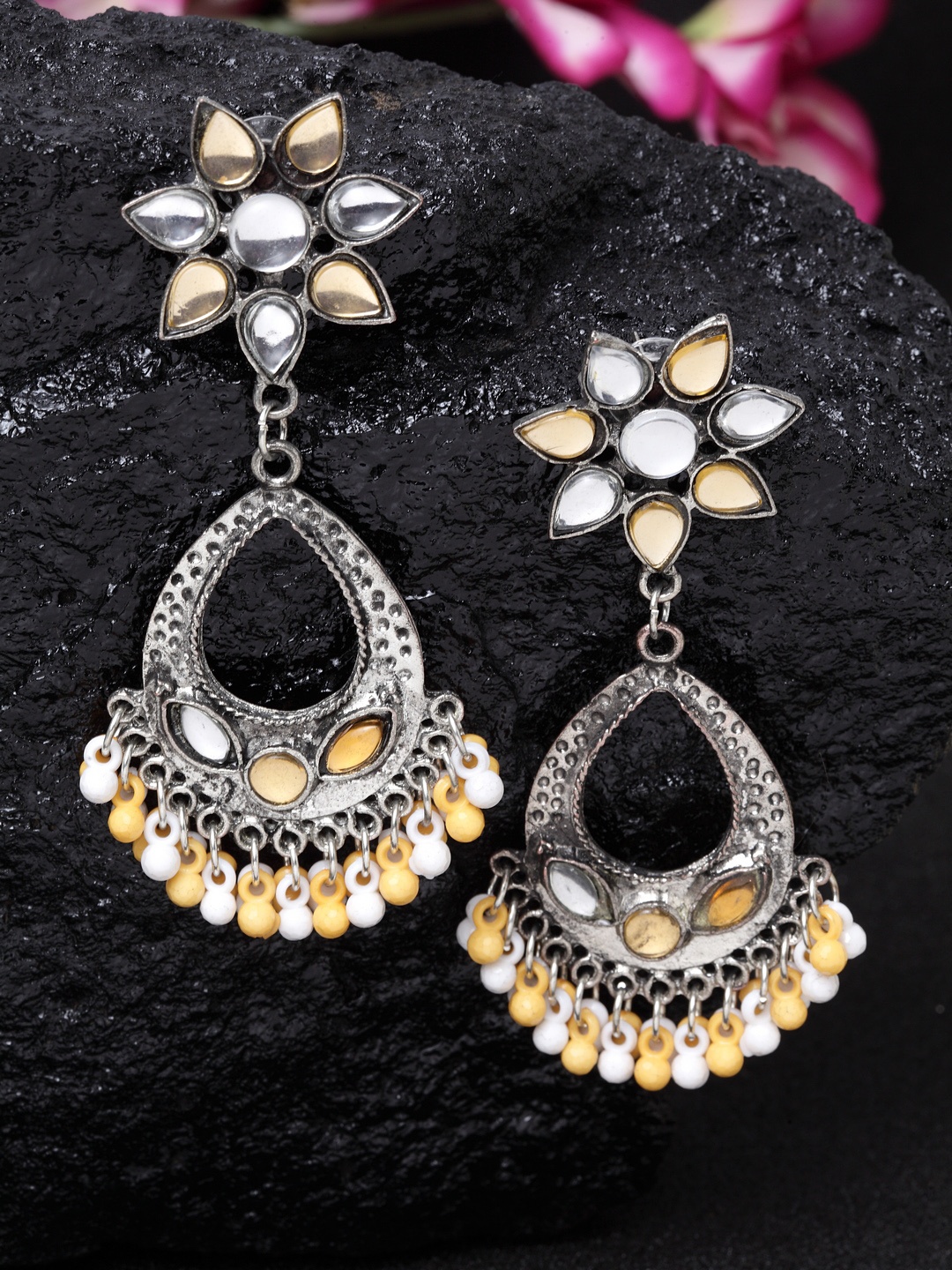 

Moedbuille Silver-Plated & Yellow Handcrafted Floral Drop Earrings