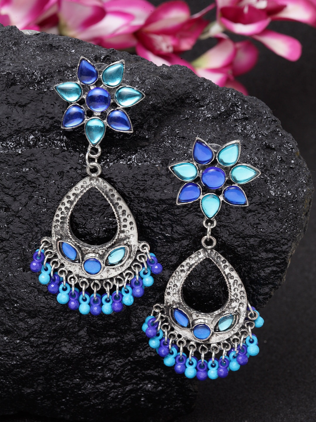 

Moedbuille Turquoise Blue & Blue Floral Chandbalis, Silver