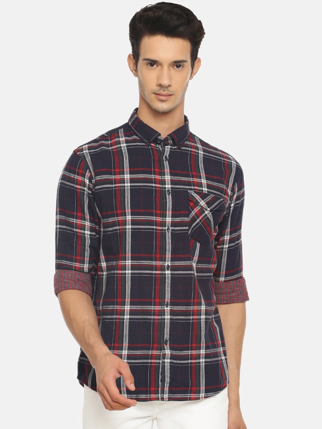 Celio Men Navy Blue & Red Regular Fit Checked Casual Shirt