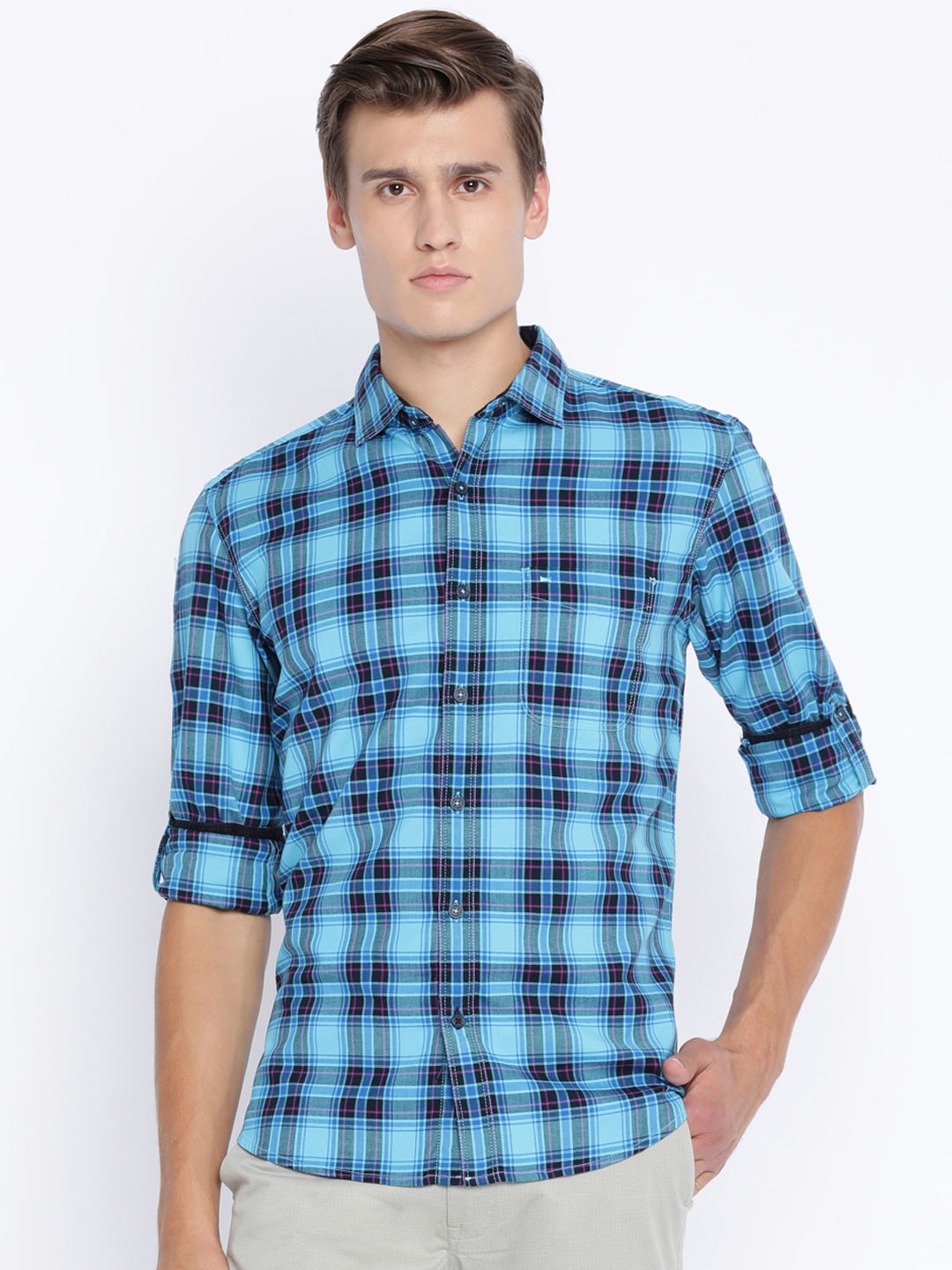 

Basics Men Blue Slim Fit Checked Casual Shirt