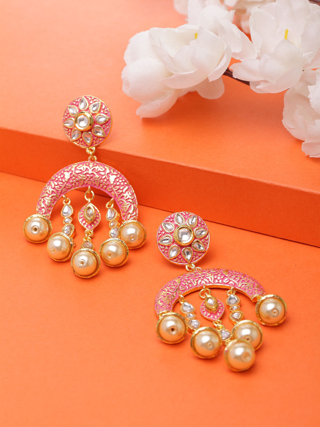 

Moedbuille Pink & Gold-Toned Meenakari Crescent Shaped Drop Earrings