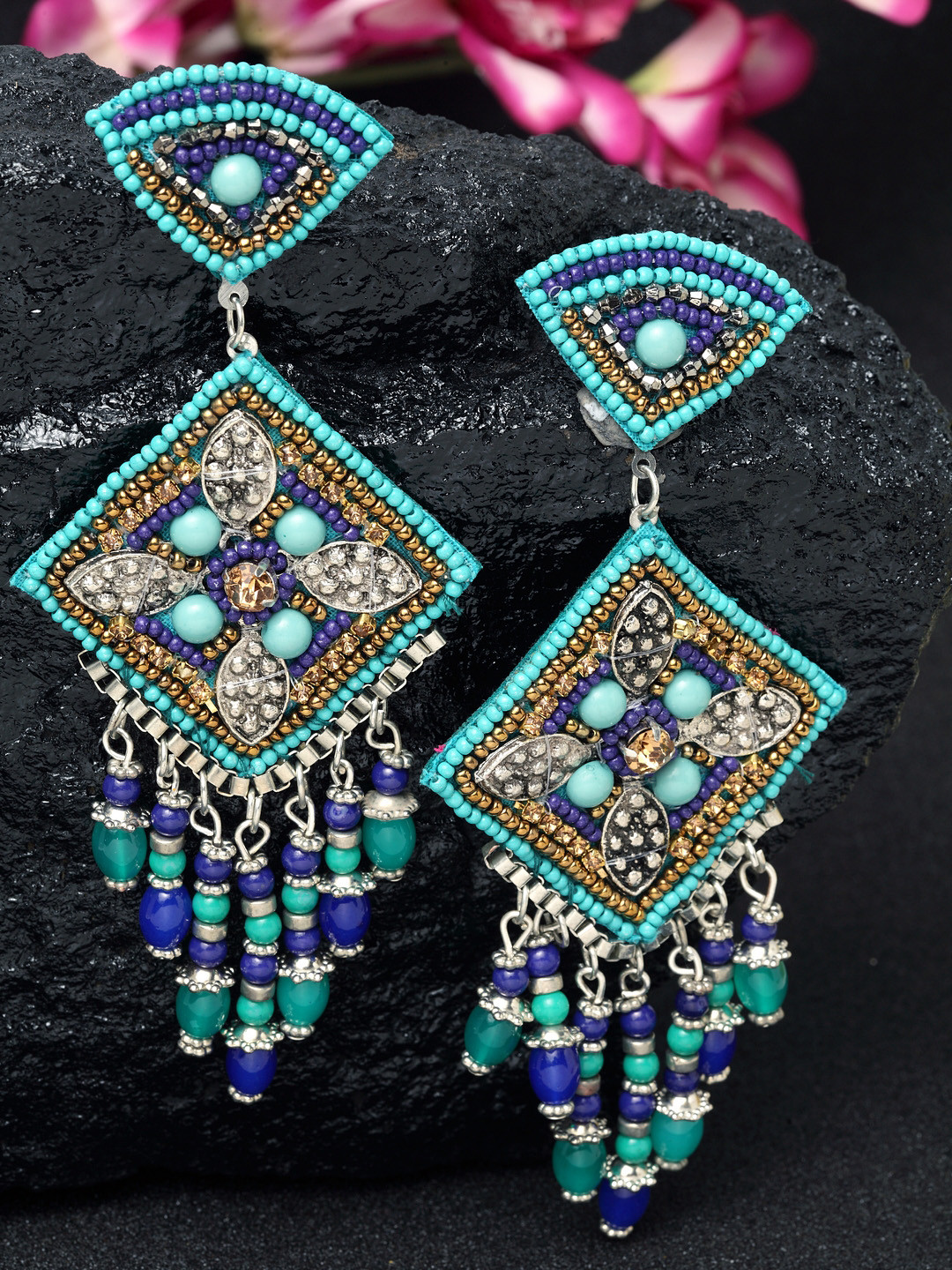 

Moedbuille Turquoise Blue & Blue Geometric Handcrafted Drop Earrings