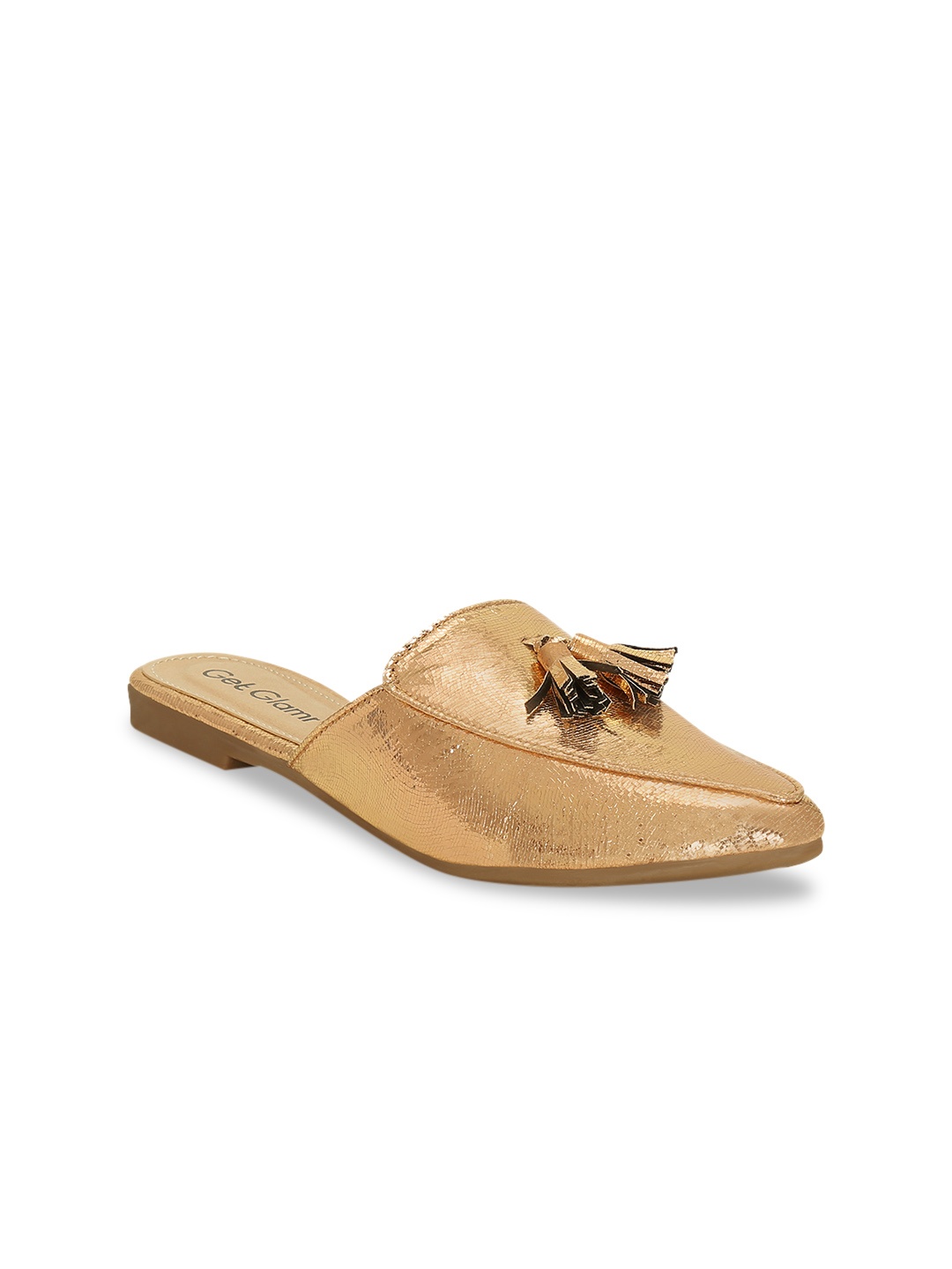 

Get Glamr Women Gold-Coloured Solid Mules