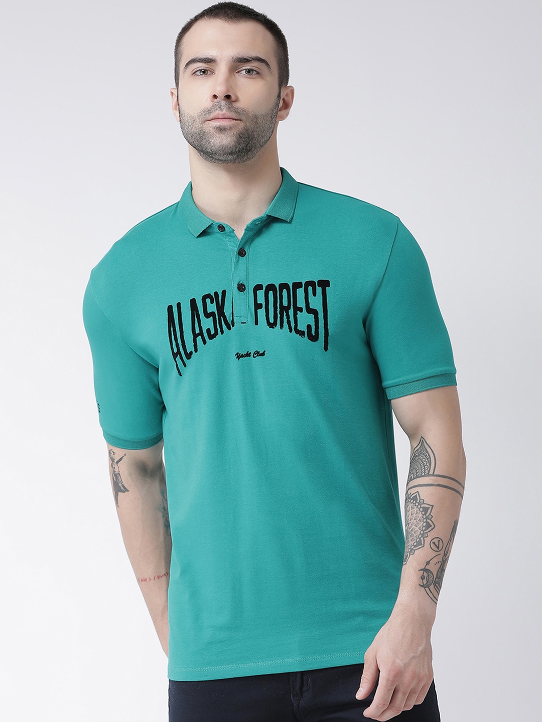 

Rex Straut Jeans Men Green Printed Polo Collar T-shirt