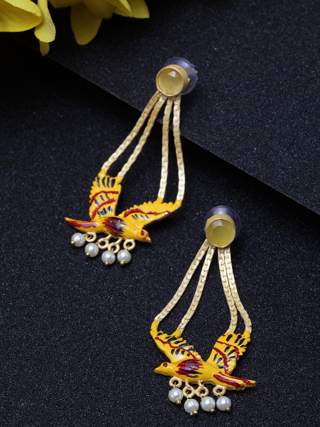 

Moedbuille Yellow & Gold-Toned Peacock Shaped Drop Earrings