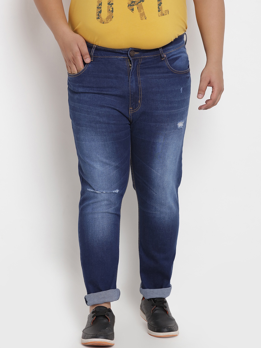 

John Pride Plus Size Men Blue Regular Fit Mid-Rise Low Distress Stretchable Jeans