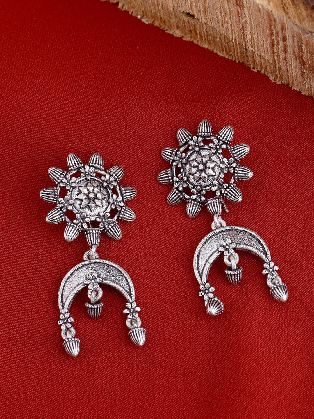 

Voylla Silver-Plated Floral Oxidised Drop Earrings