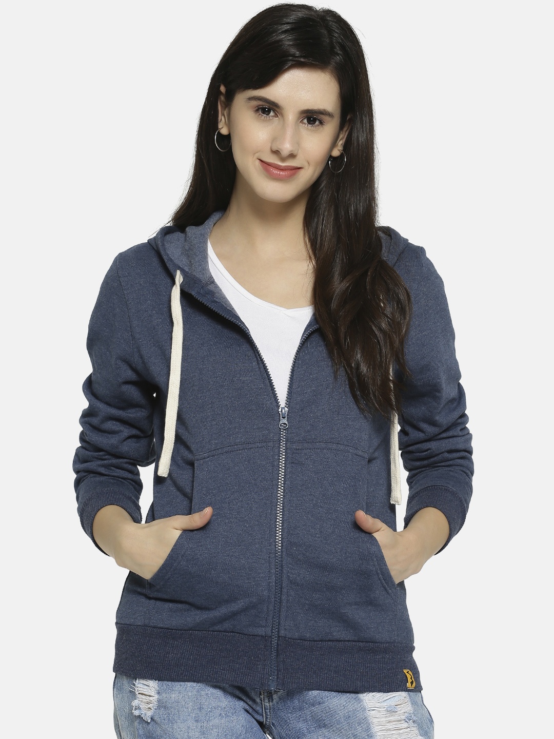 Campus Sutra Women Navy Blue Solid Hooded Sweatshirt