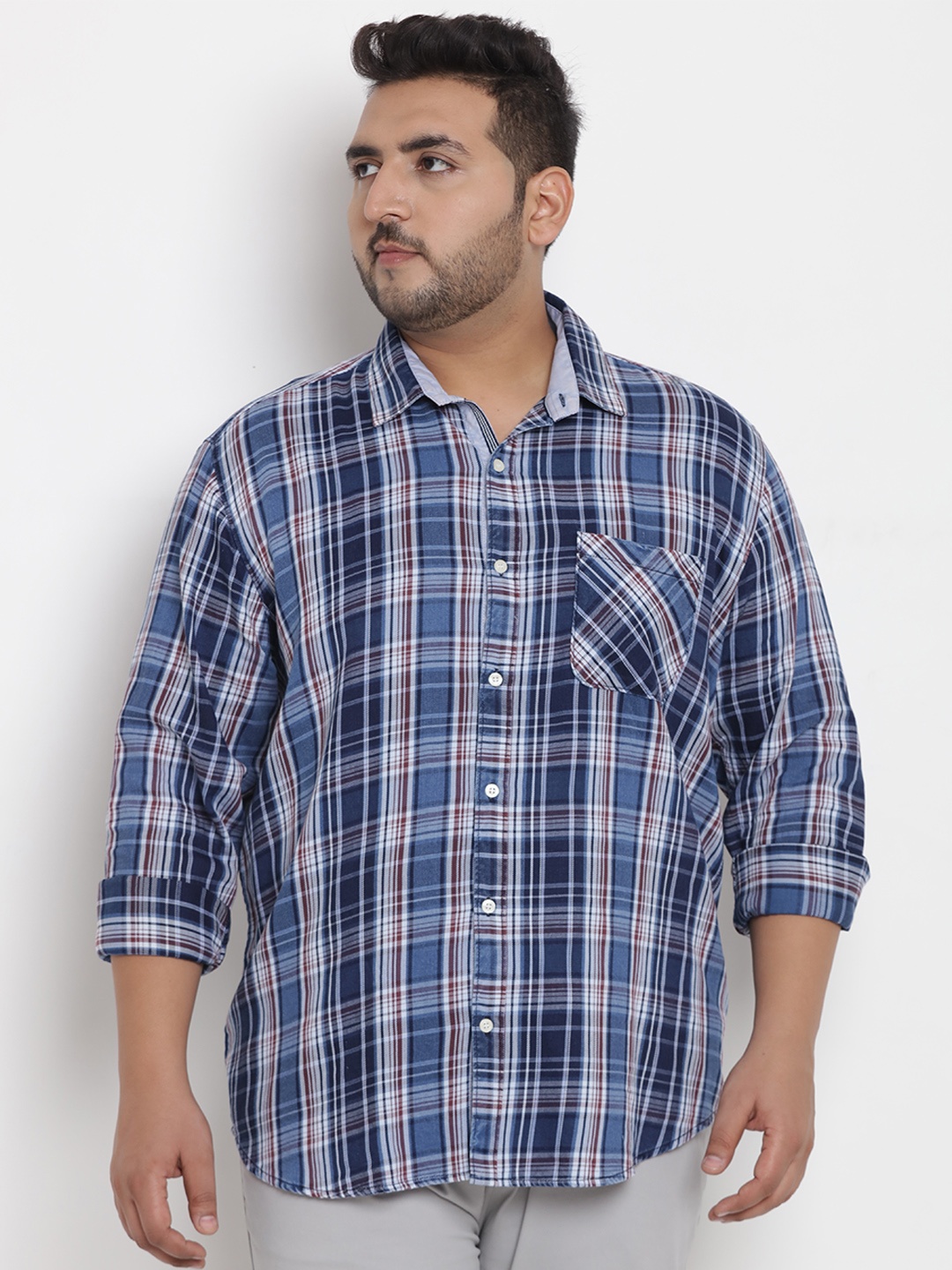 

John Pride Plus Size Men Blue White Regular Fit Checked Casual Shirt
